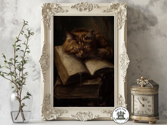 Vintage Cat Oil Painting Print Dark Academia Halloween Decor