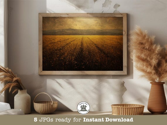 Cornfield Landscape Print Rustic Amber Sunset Painting