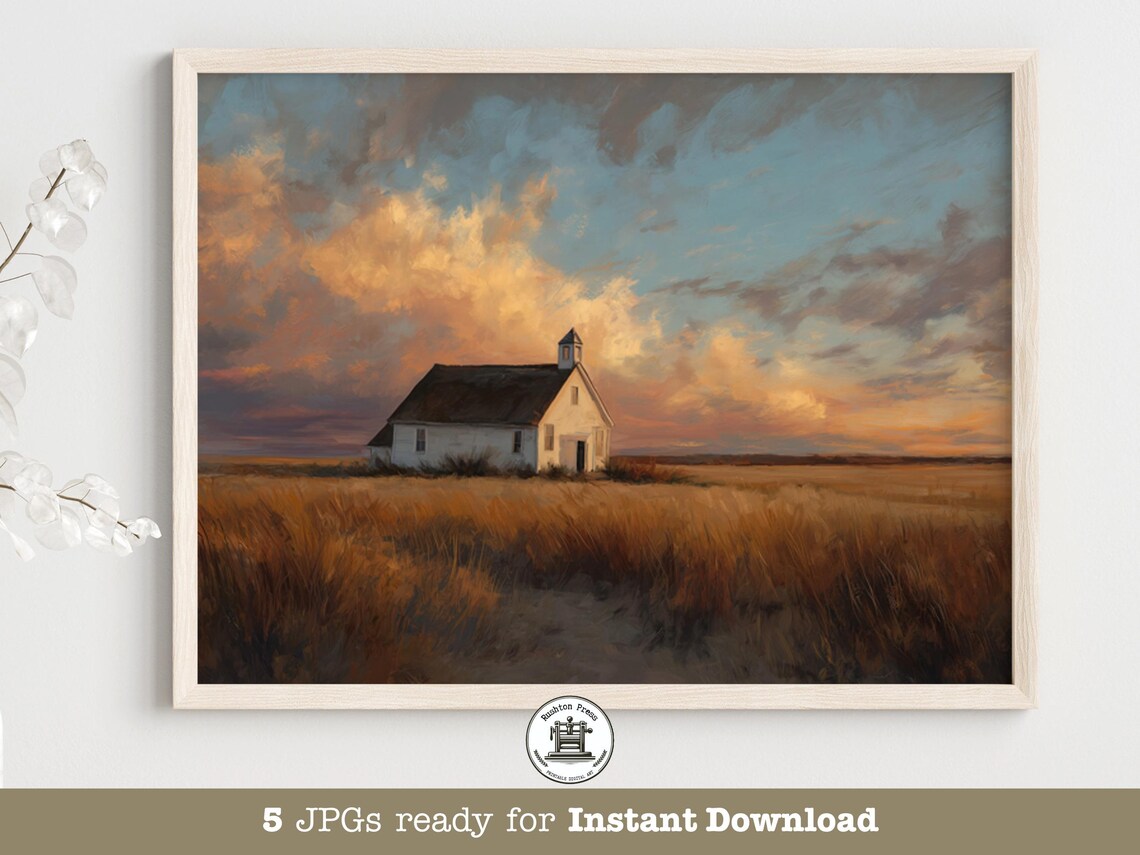 White Country Church Golden Prairie Sunset Farmhouse Landscape Art Poster