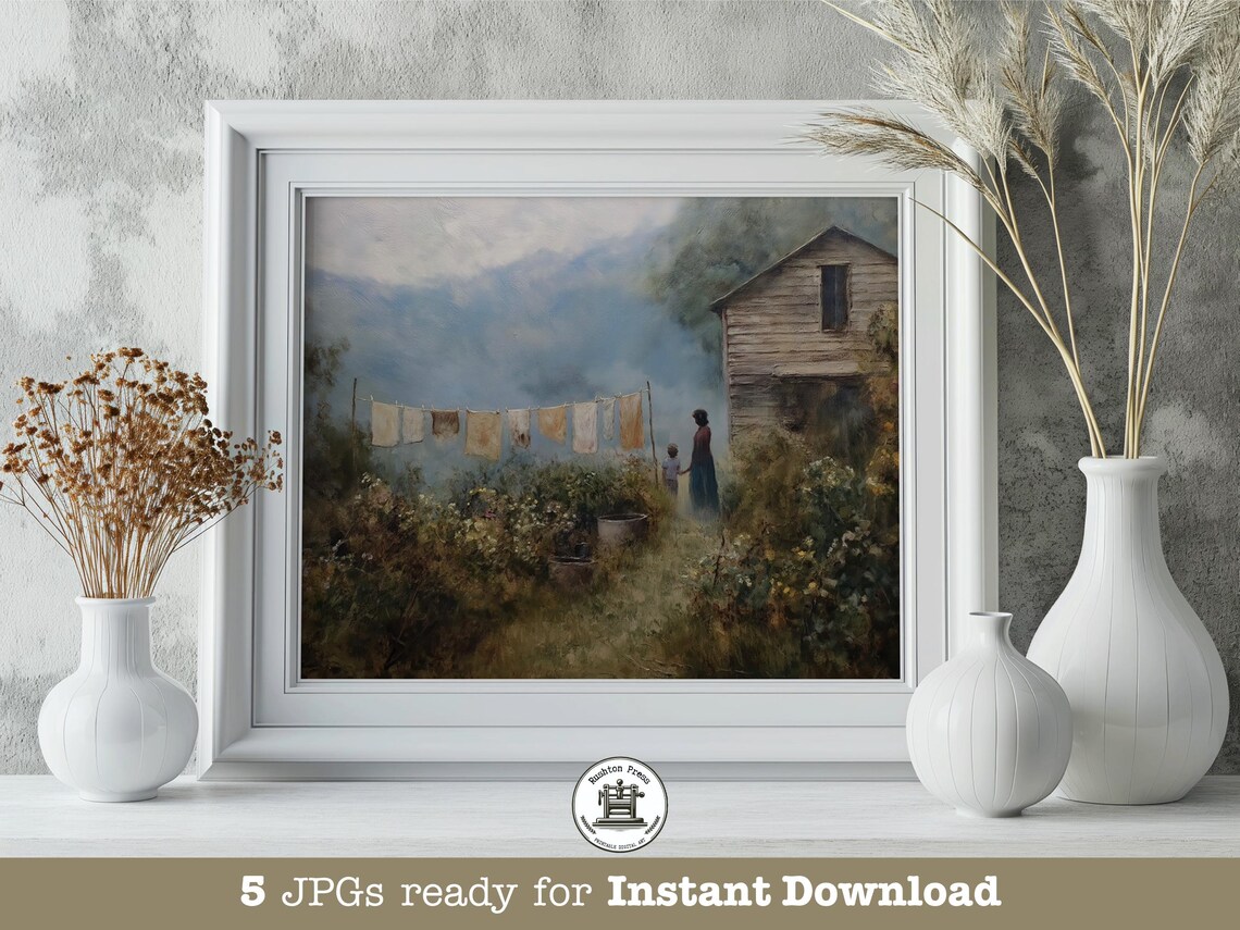 Mother Child Cabin Laundry Line Misty Blue Vintage Countryside Print