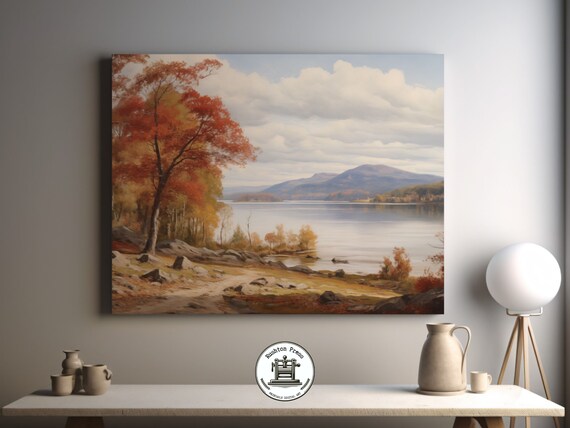 Autumn Lakeside Oil Painting Art Print, Rustic Landscape