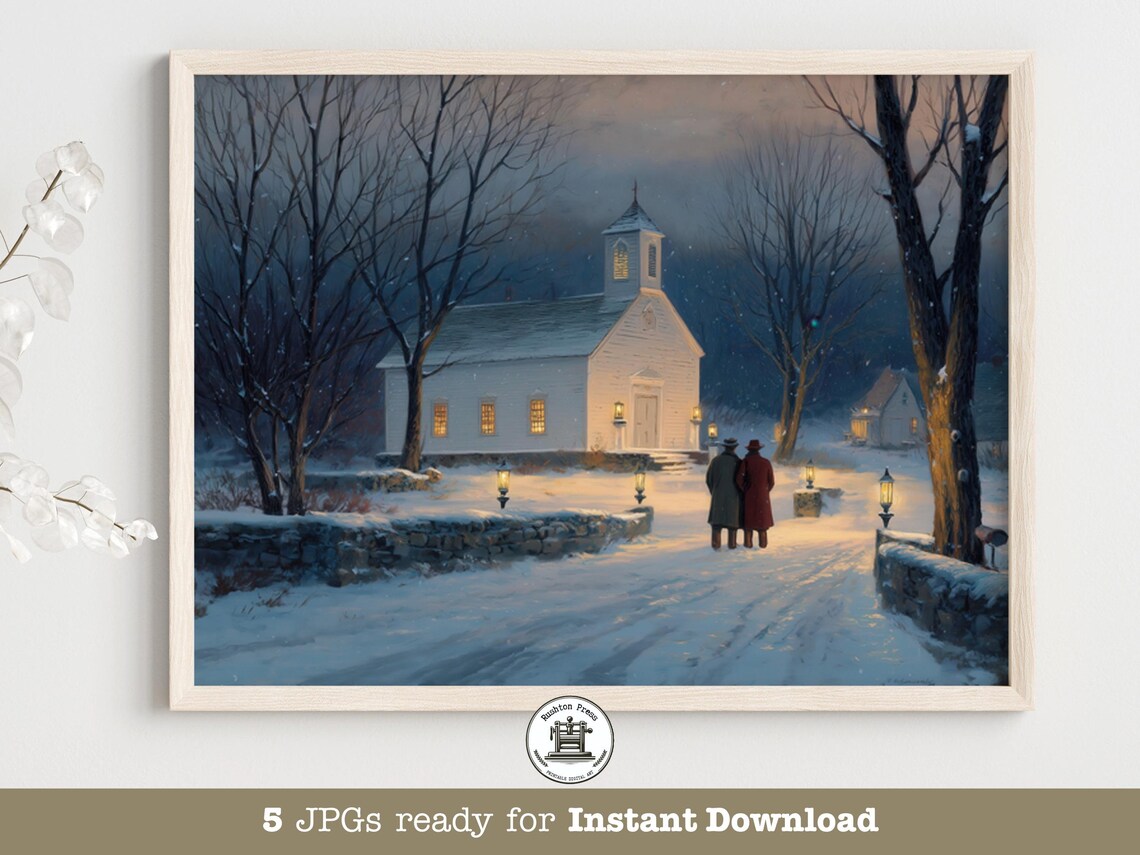 Snowy Church Night Couple Lanterns Christmas Winter Landscape Print