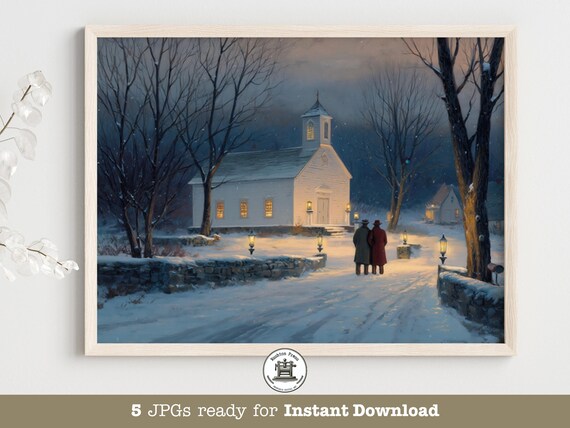 Snowy Church Night Couple Lanterns Christmas Winter Landscape Print