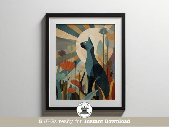 Mid Century Modern Cat Floral Sunburst Colorful Geometric Wall Art