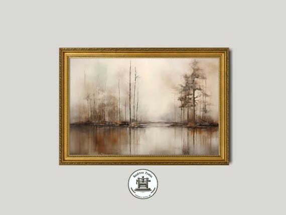 Vintage Lakeside Forest Painting Moody Landscape Art