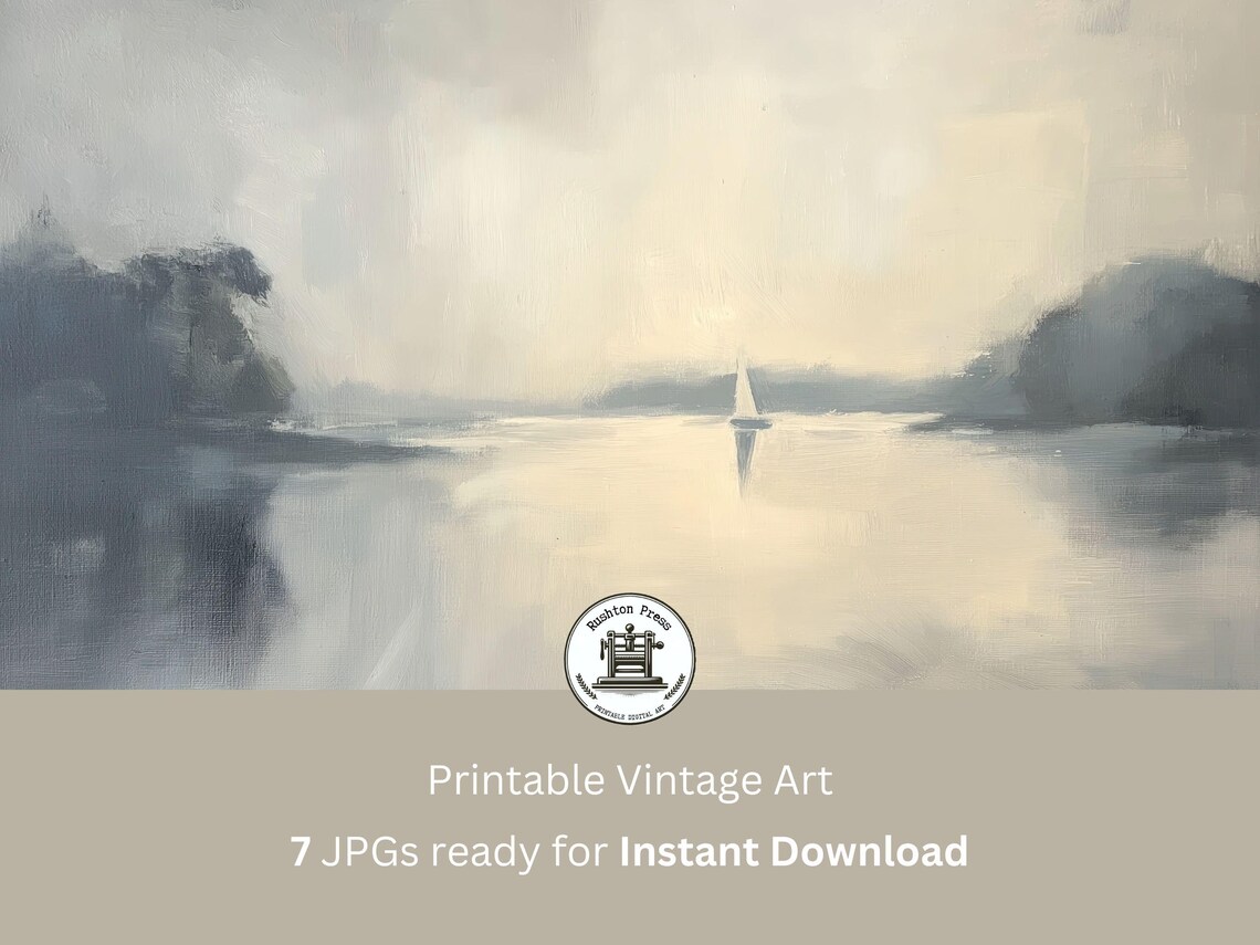 Vintage Sailboat Misty Lake Neutral Greige Oil Painting Poster