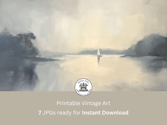 Vintage Sailboat Misty Lake Neutral Greige Oil Painting Poster