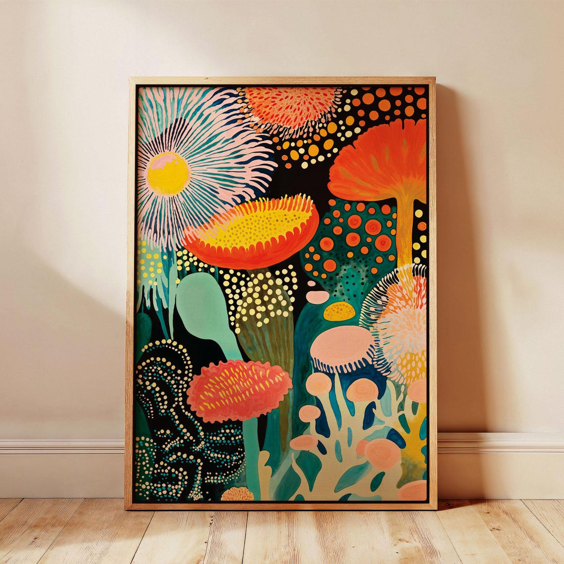 Teal and Orange Dotted Blooms Abstract Botanical Poster on Black