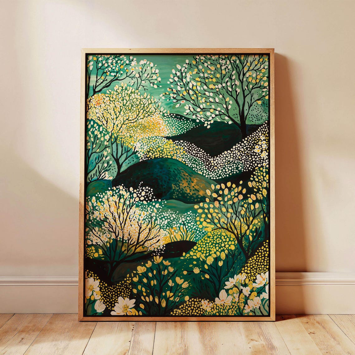 Dotted Emerald Forest Trees Landscape Modern Botanical Art Poster