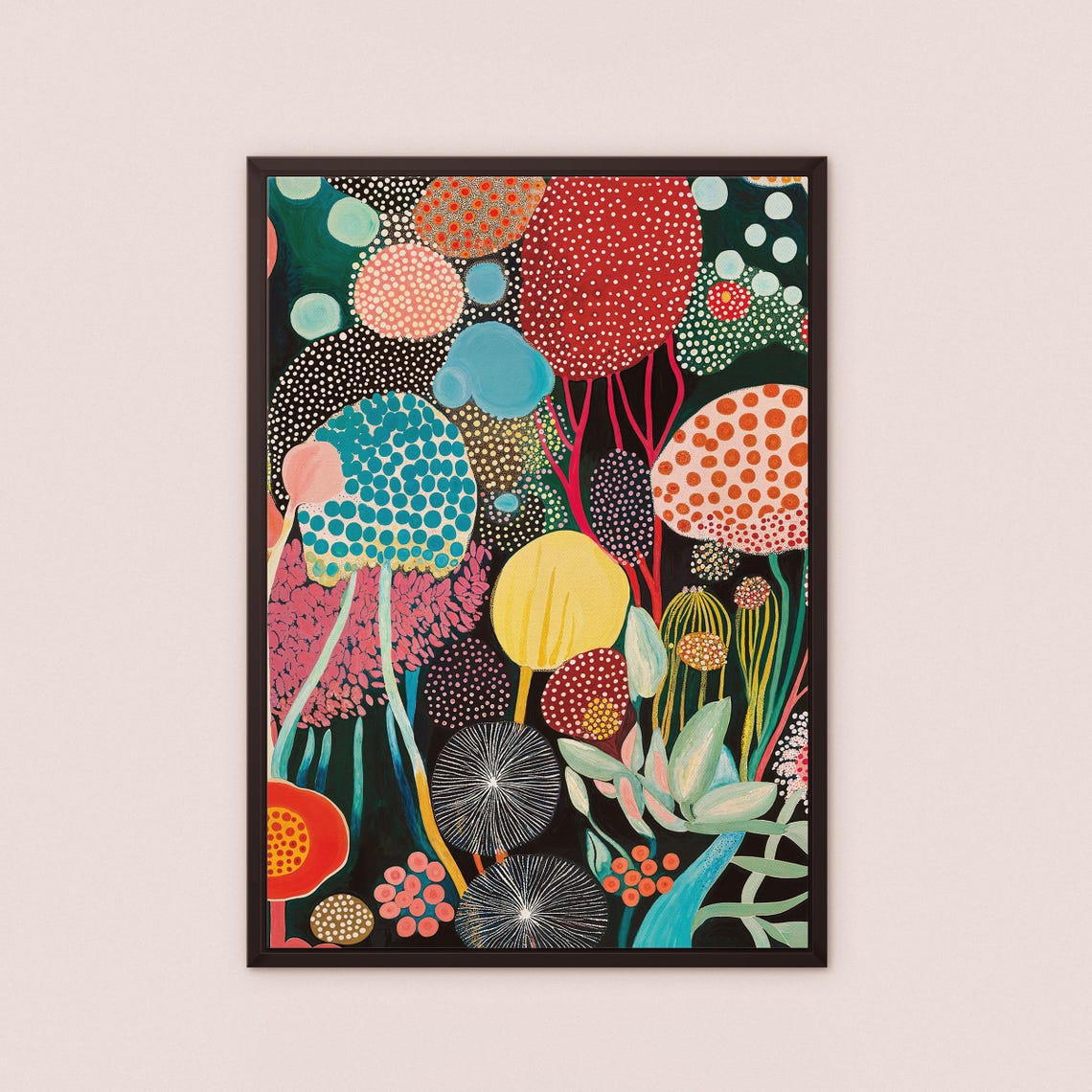 Kusama Inspired Dark Background Dotted Abstract Floral Wall Art