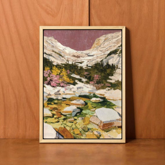 Mountain River Wall Art Landscape Painting Canvas Print Abstract Nature Artwork Rustic Decor Framed For Living Room