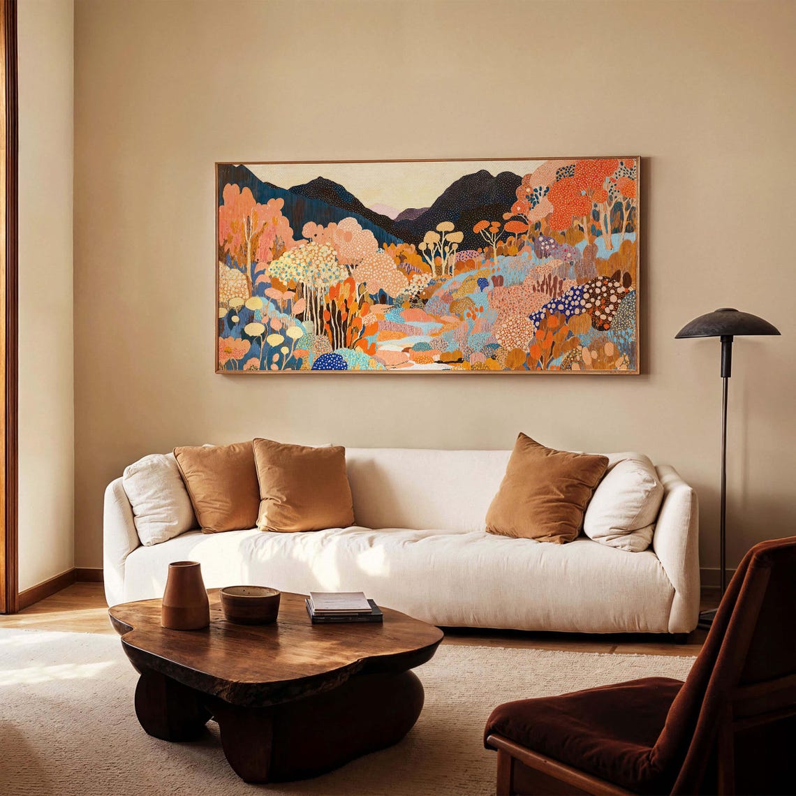 Kusama Inspired Panoramic Dotted Coral Forest Mountain Landscape Print - Image 3