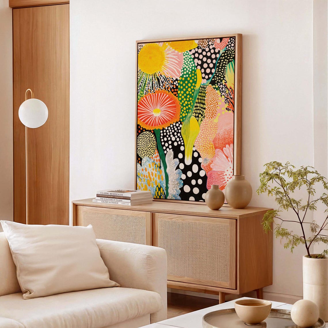 Bright Sun and Orange Daisy Dotted Floral Abstract Poster on Black - Image 3