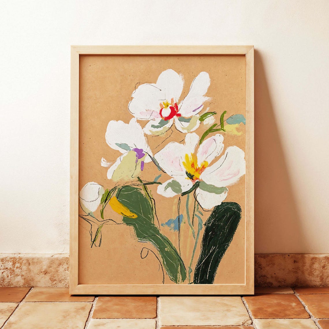 Freehand White Orchid Watercolor Painting on Kraft Botanical Poster