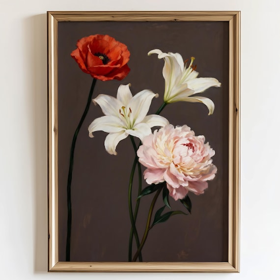 Poppy Lilies Peony Vintage Floral Still Life Painting Poster