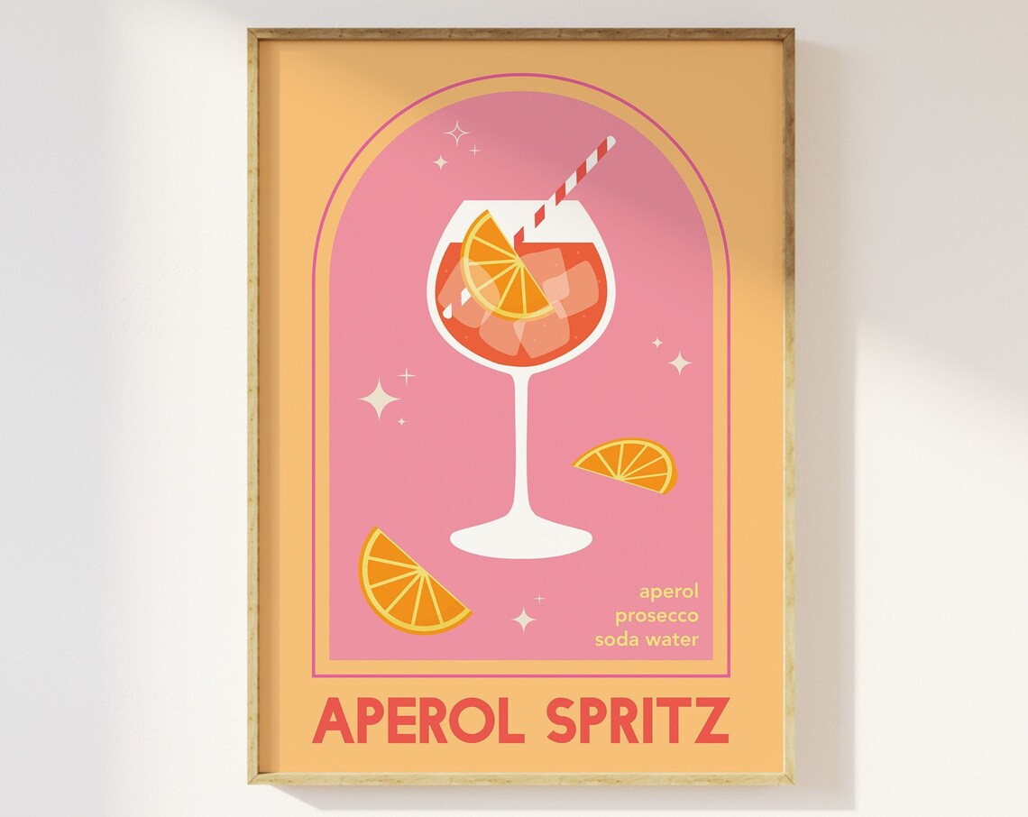 Aperol Spritz Pink Orange Cocktail Retro Kitchen Bar Art Poster