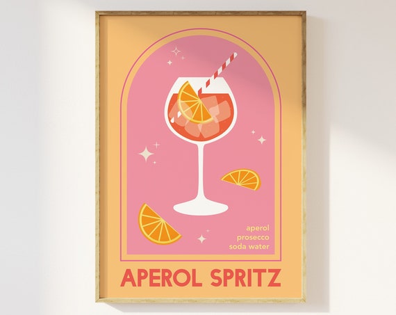 Aperol Spritz Cocktail Print Art Cute Pink Orange Aperol Cocktail Bar Art Kitchen Wall Art