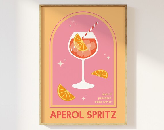 Aperol Spritz Pink Orange Cocktail Retro Kitchen Bar Art Poster