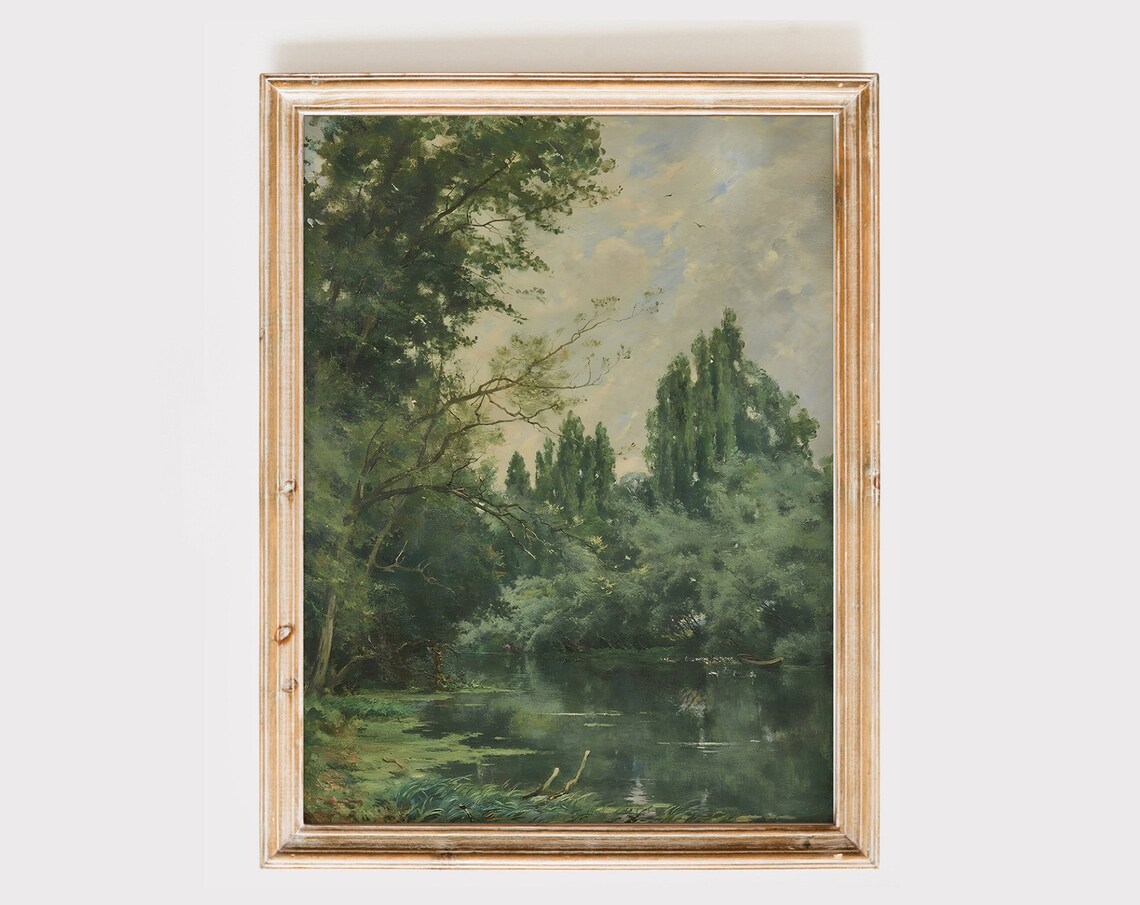 Lush Green Forest Pond Vintage Landscape Oil Painting Wall Art
