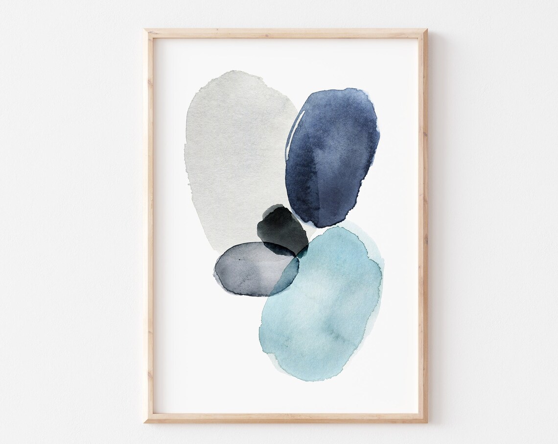 Blue Watercolor Abstract Shapes Navy Teal Modern Minimalist Wall Art