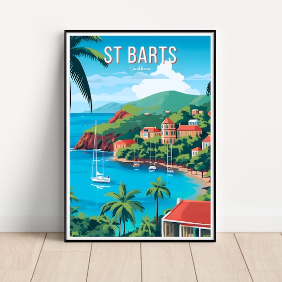 St Barts Caribbean Sailboat Bay Red Roof Village Sunset Travel Poster