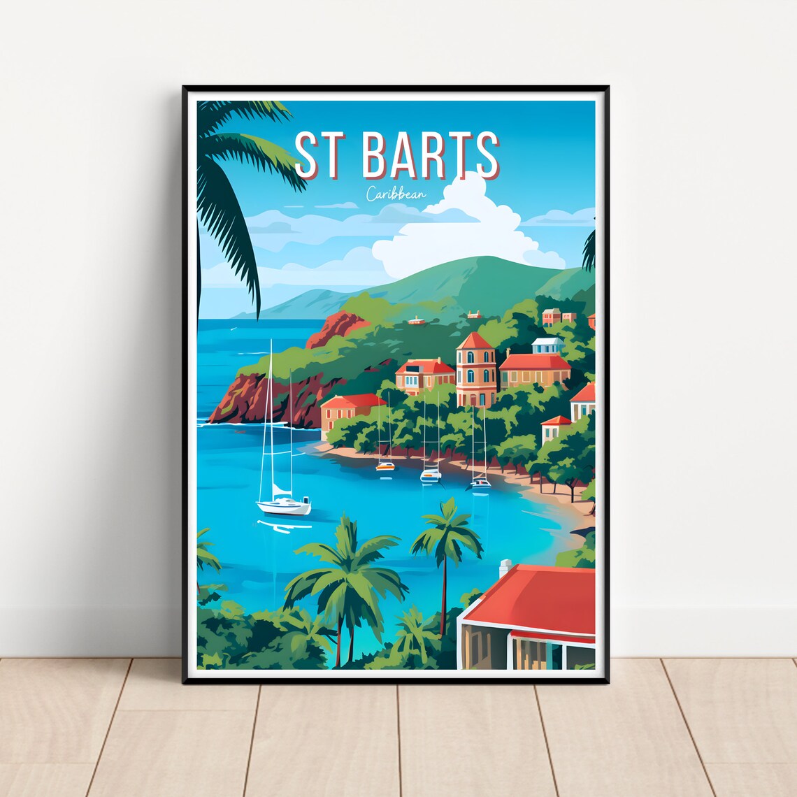St Barts Caribbean Sailboat Bay Red Roof Village Sunset Travel Poster