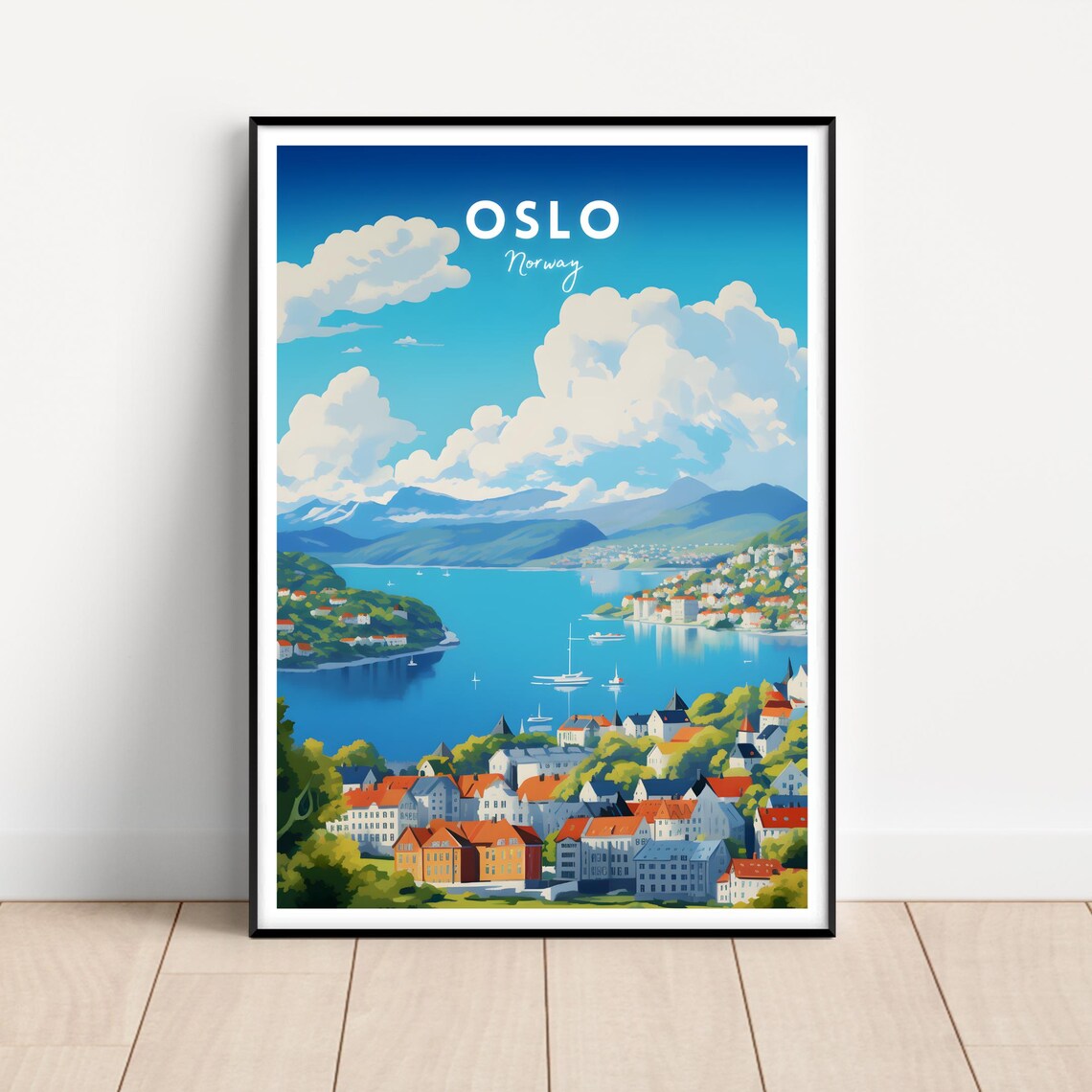 Oslo Norway Fjord Harbor Sailboats Sunny City View Travel Poster