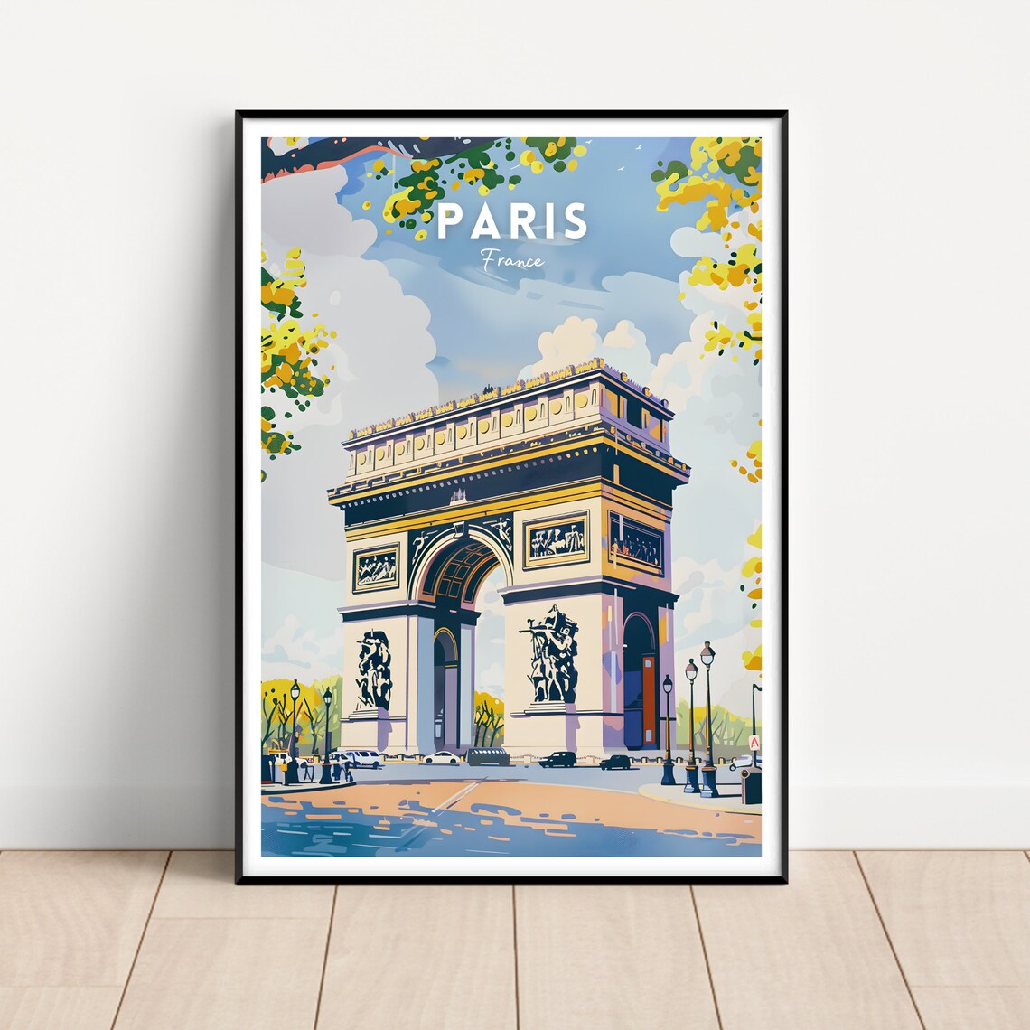 Paris France Arc de Triomphe Golden Vintage City Travel Poster