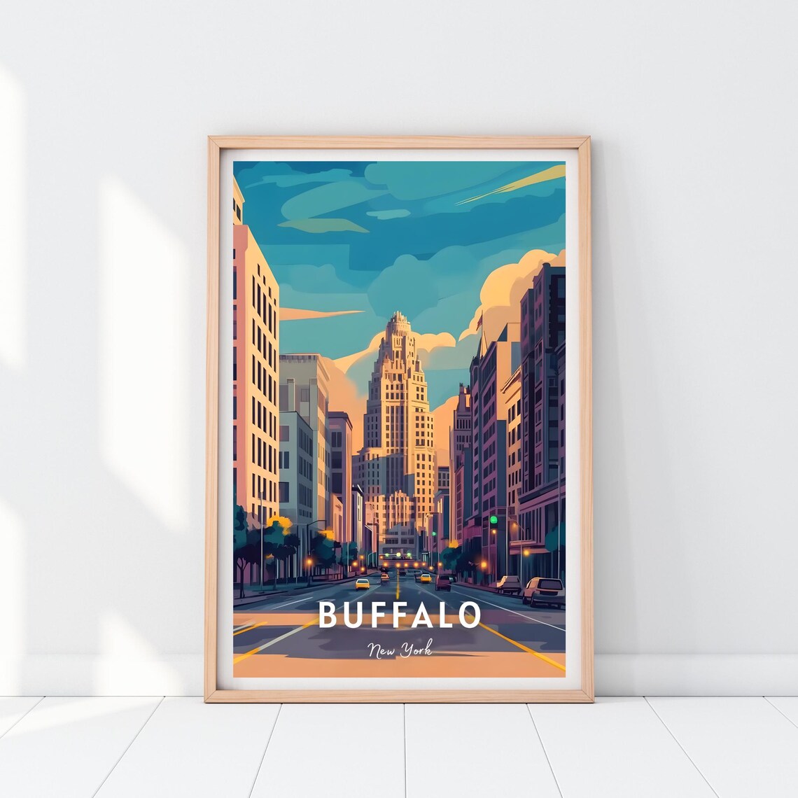 Buffalo New York Art Deco Downtown Tower Street Scene Travel Poster