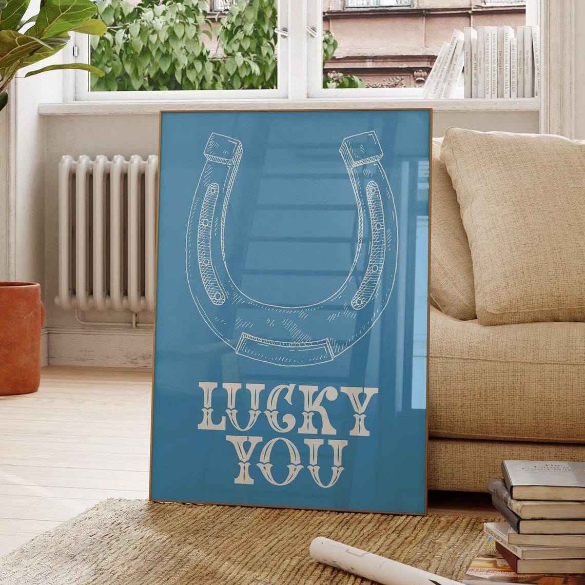 Lucky You Horseshoe Blue Western Typography Good Luck Poster