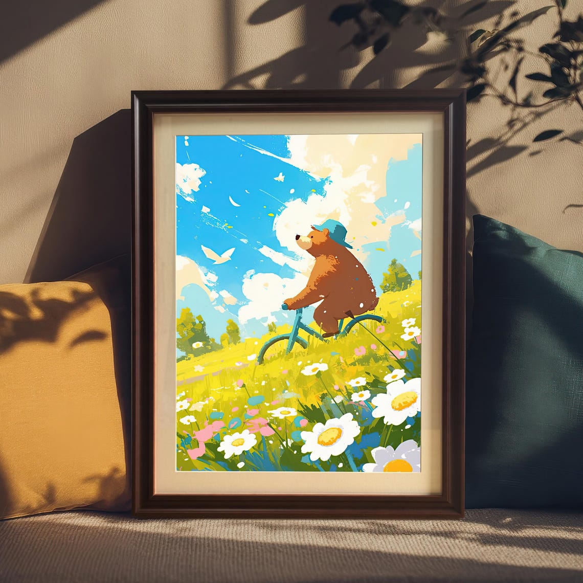 Whimsical Bear Bicycle Flower Field Wood Framed Wall Art Print