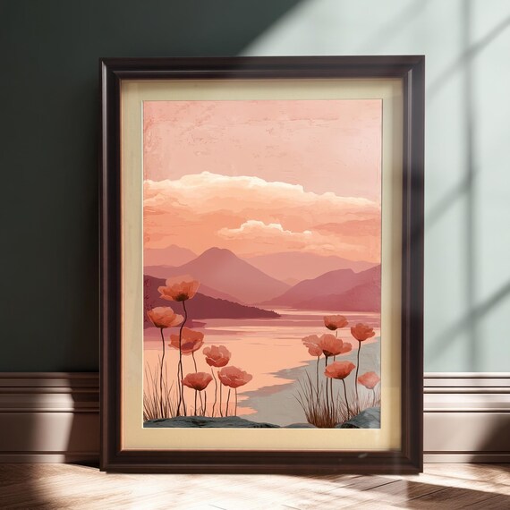 Calm Pink Mountain Sunset Lake Flowers Pastel Landscape Poster