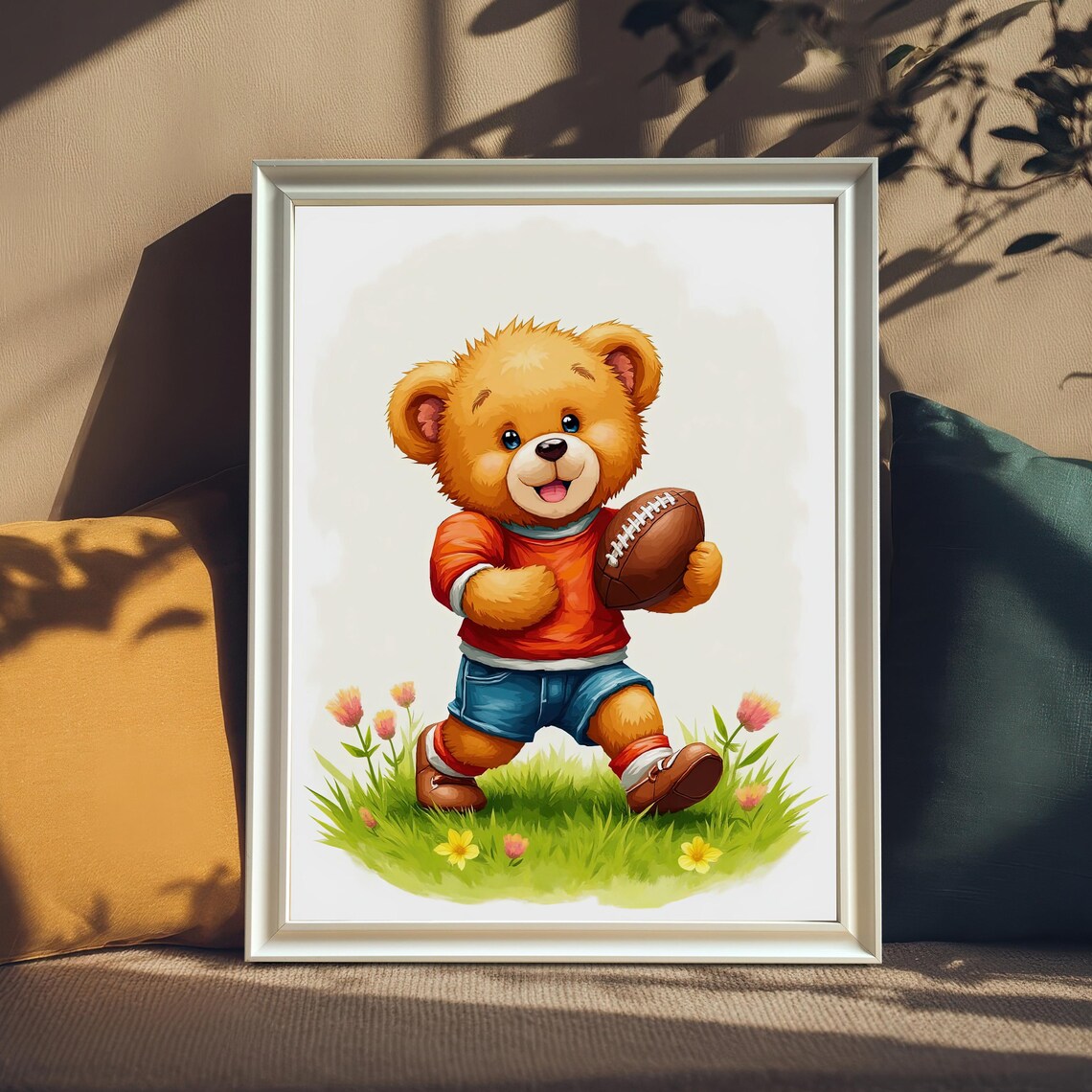 Happy Teddy Bear Running With American Football Grass Art Poster