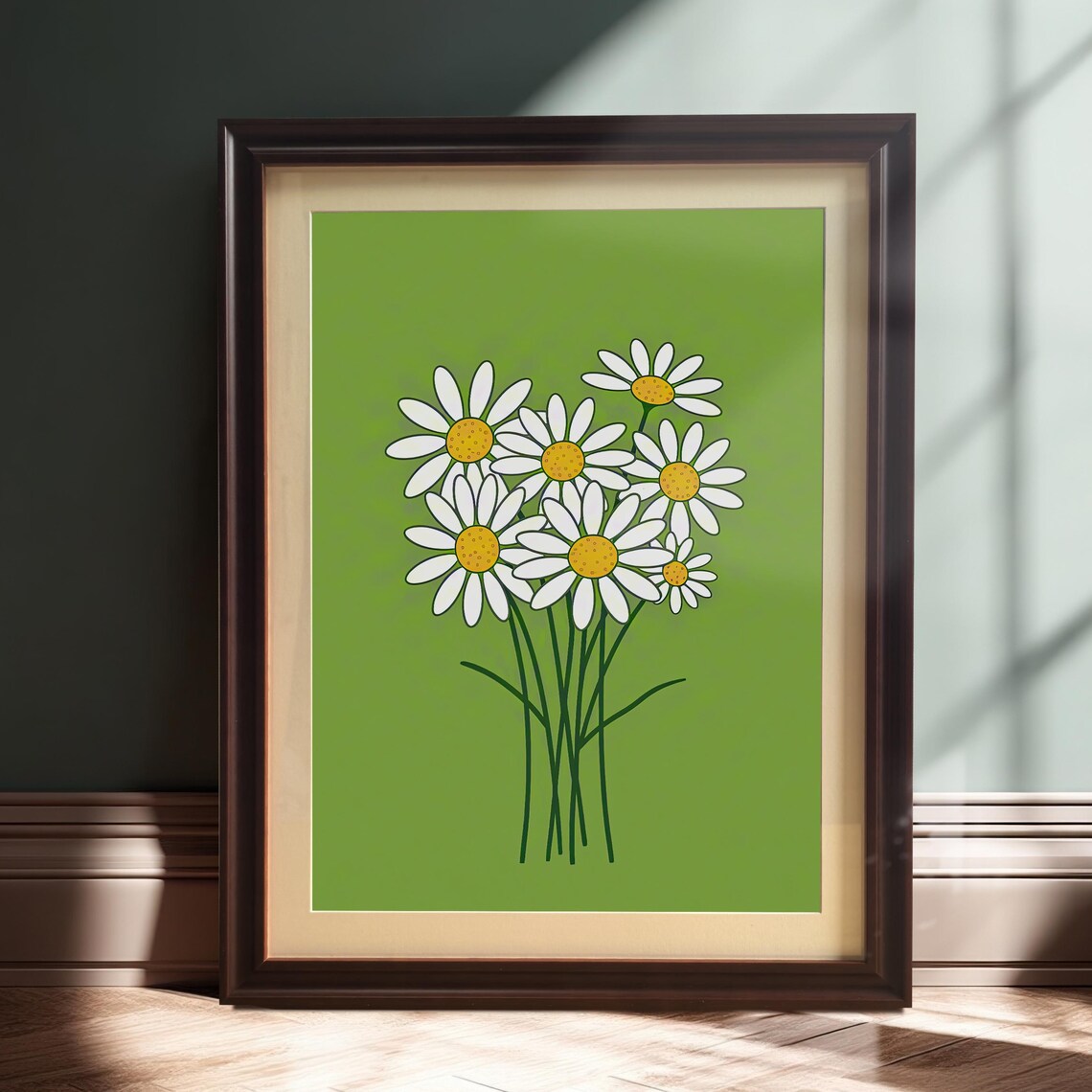 Modern Minimalist Daisy Flower Print Wood Framed Botanical Poster Wall Decor