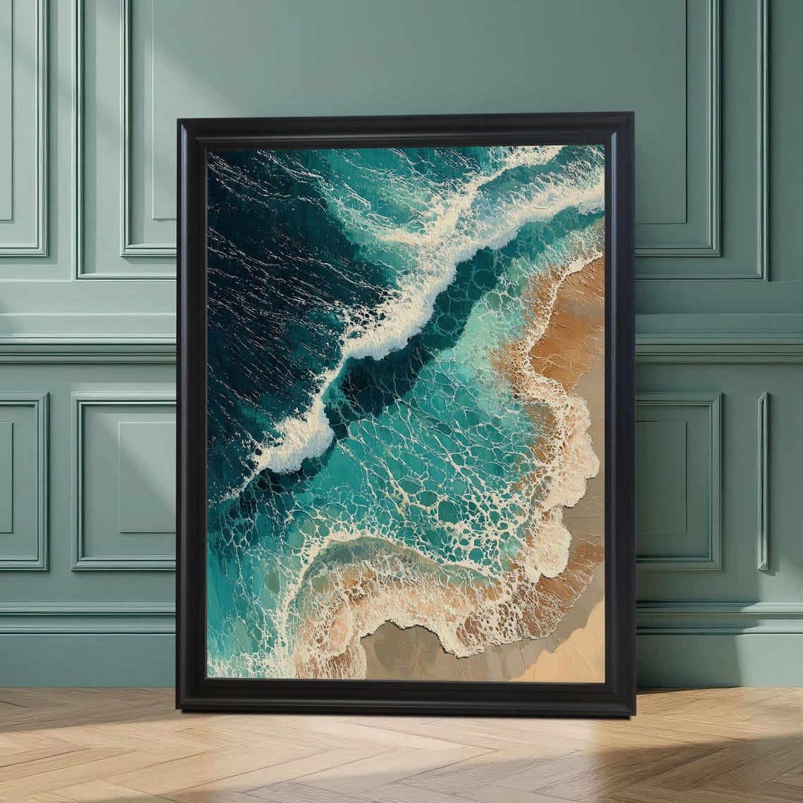 Abstract Ocean Waves Rolling Over Sandy Beach Aerial Art Poster