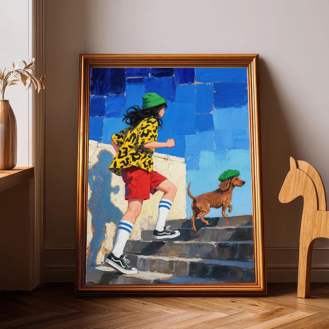 Girl And Dachshund Running Down Stairs Playful Colorful Dog Print
