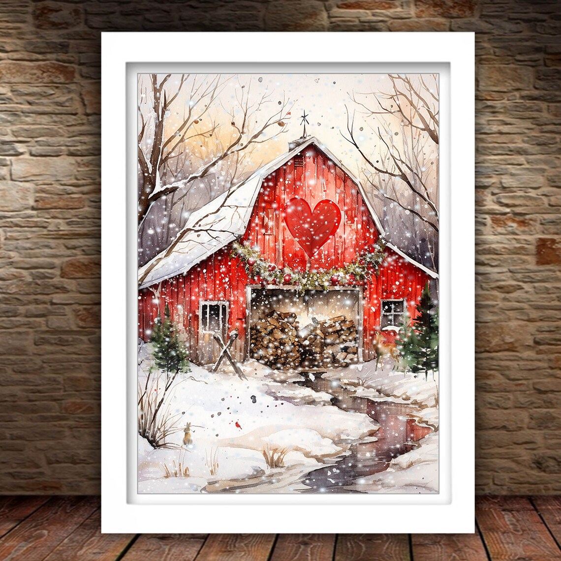 Valentine Red Barn With Heart Winter Woodland Watercolor Poster - Image 2