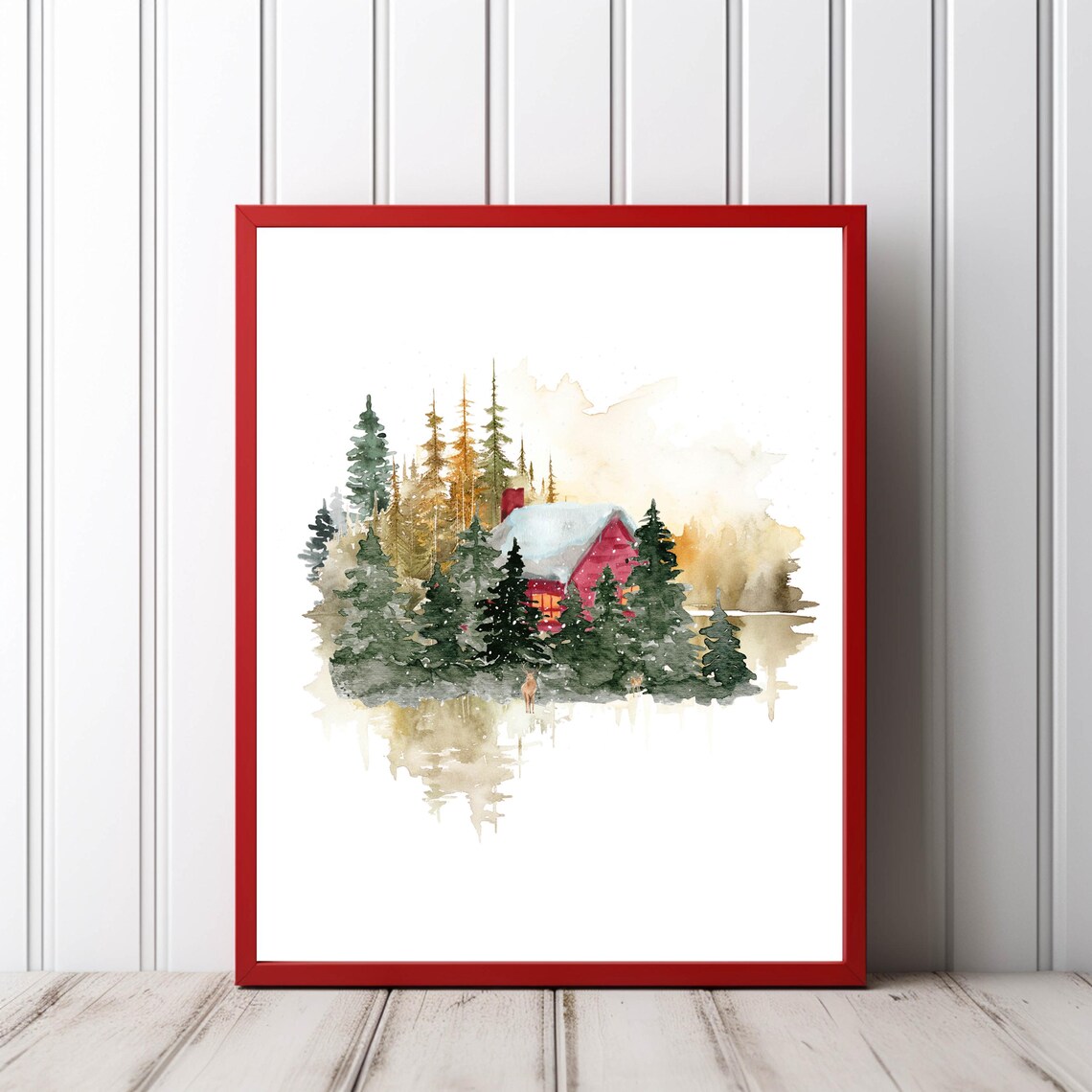 Cozy Red Cabin In Snowy Woodland Forest Winter Watercolor Poster - Image 2