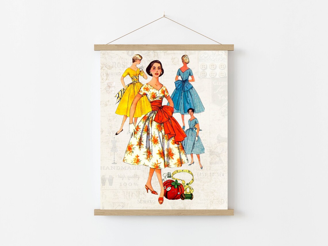 Retro 1950s Sewing Pattern Dress Fashion Craft Room Vintage Poster - Image 2