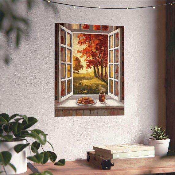 Cozy Autumn Window With Cookies Tea And Fall Foliage Poster Art