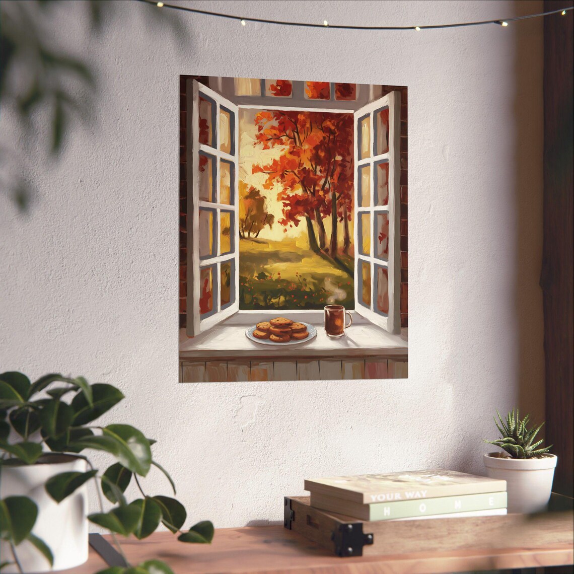 Cozy Autumn Window With Cookies Tea And Fall Foliage Poster Art