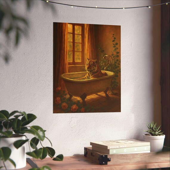 Tiger In Bathtub Art Print Golden Bathroom Scene Cozy Animal Home Decor