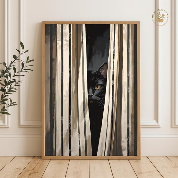 Black Cat Peeking Through Bold Striped Curtains Moody Art Print