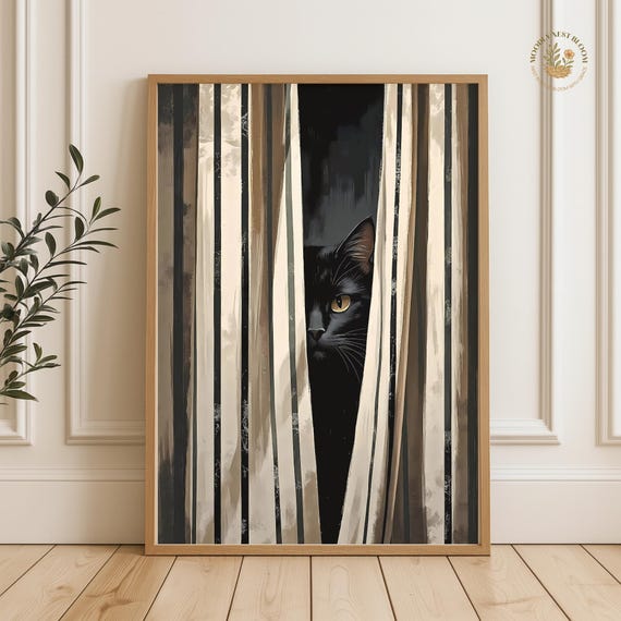 Moody Black Cat Art Print Gothic Stripe Curtain Minimalist Home Decor