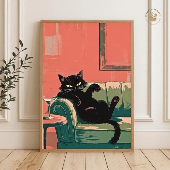 Sassy Black Cat Lounging with Martini Retro Midcentury Wall Art