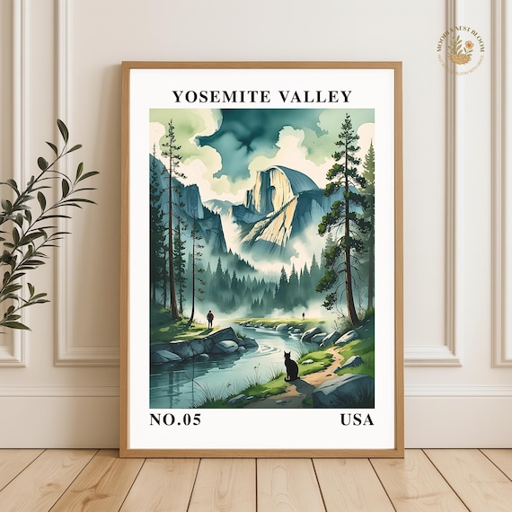 Yosemite Valley Poster Half Dome Watercolor Pine Forest River Black Cat