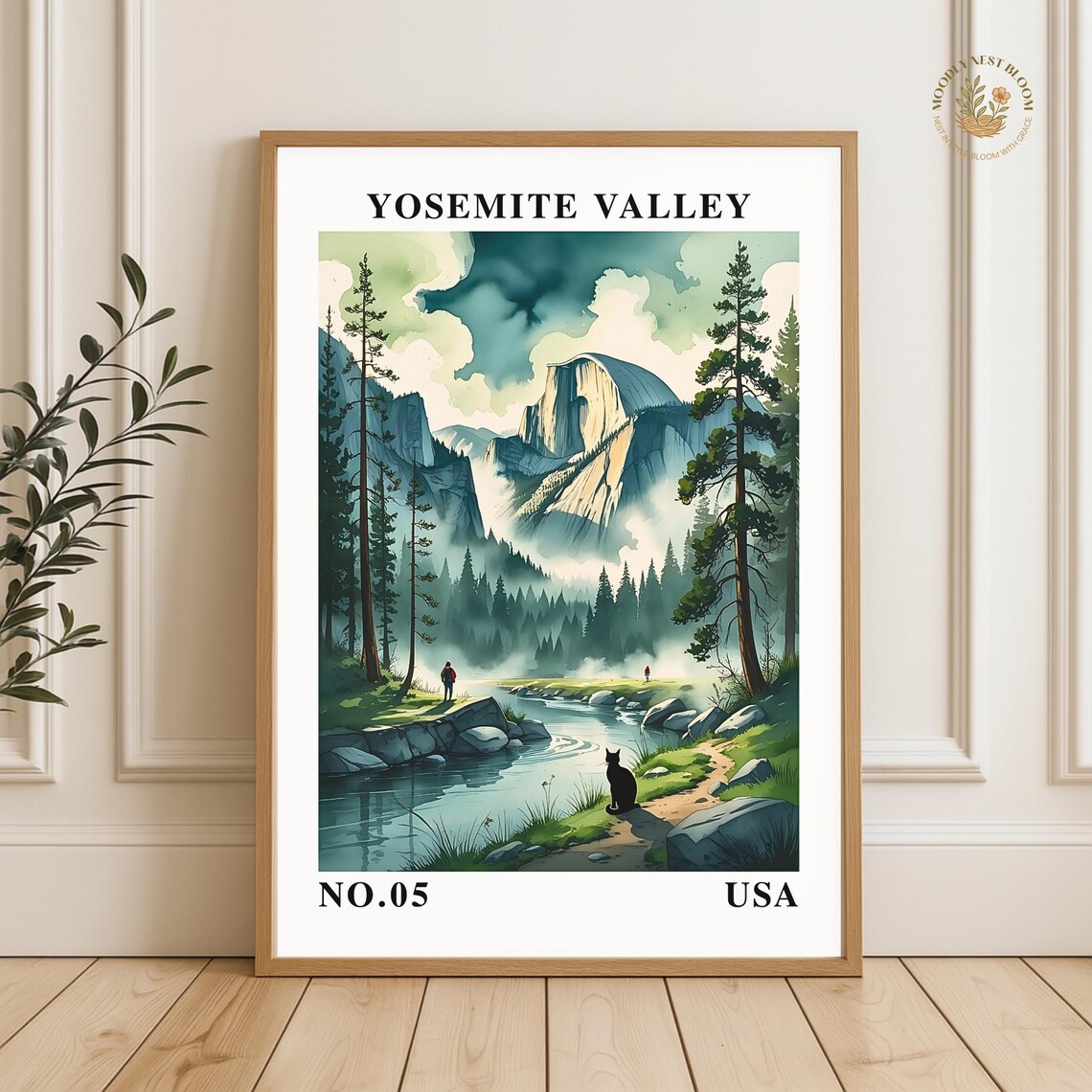 Yosemite Valley Poster Half Dome Watercolor Pine Forest River Black Cat