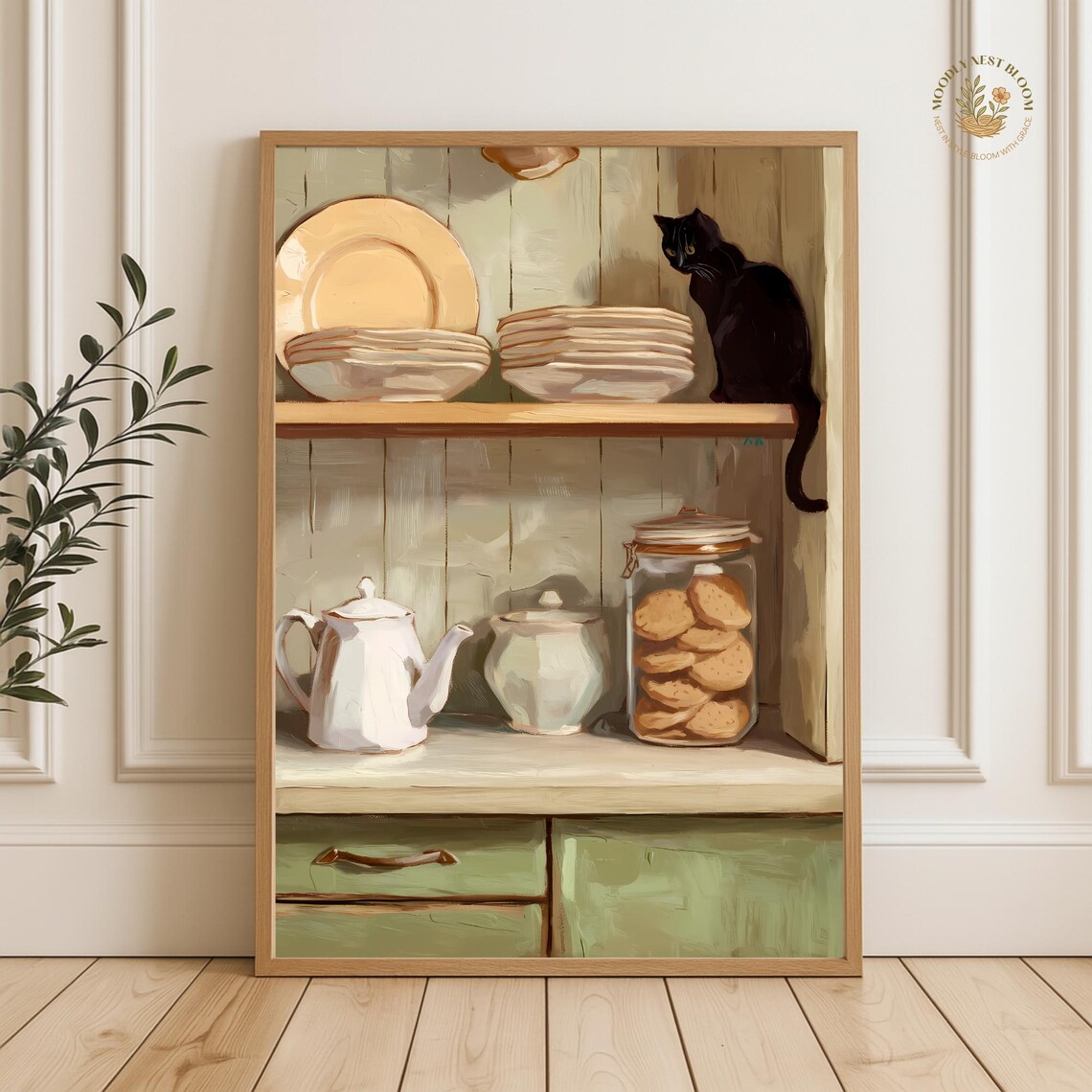 Black Cat Sitting On Kitchen Shelf Farmhouse Still Life Painting Poster