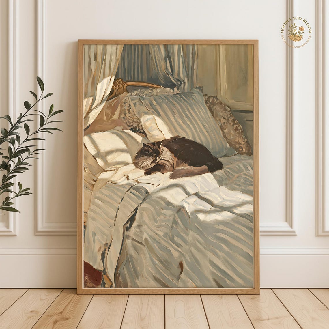 Black Cat Sleeping on a Striped Bed Sunlit Oil Painting Poster