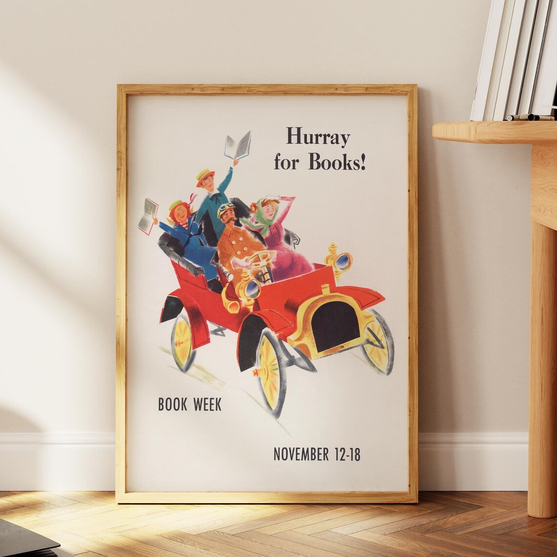 Hurray for Books Vintage Red Car Book Week Classic Library Poster